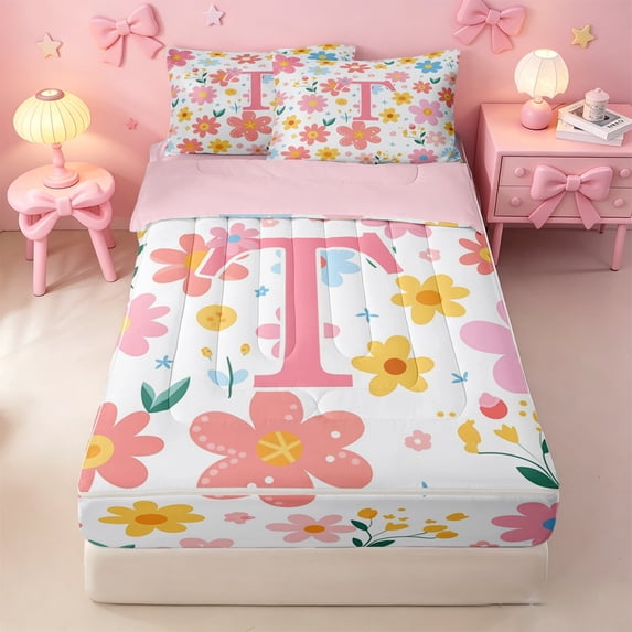 meiyoeat Cartoon Flowers Monogram Print Zipper Bedding Set For Girls,Floral Blossom Initial T Zipper Bedding Set For Kids,pink Reversible,4-Piece