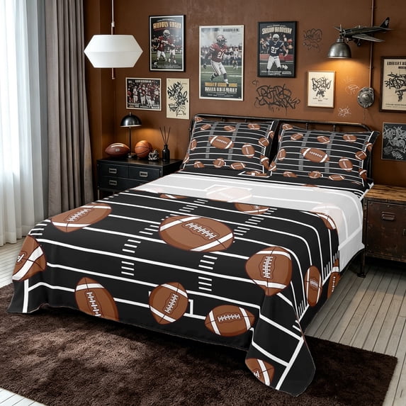 meiyoeat Cartoon Football Queen Sheets for Boys, Field Sport Queen Sheet Sets, Black Brown, 4-Piece, 1 Flat Sheet, 1 Fitted Sheet and 1 Pillowcase