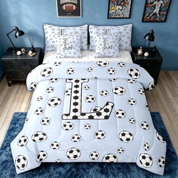 meiyoeat Cartoon Honeycomb L Letter Twin Bedding for Boys, Cute Football Lover Bedding Comforter Set, Reversible, 7pcs