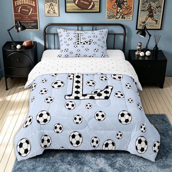 meiyoeat Cartoon Honeycomb L Letter Twin Comforter Sets for Boys, Cute Football Lover Bedding Set, Reversible, 2pcs, 1 Comforter and 1 Pillowcase