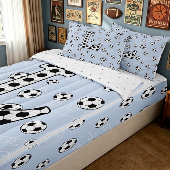 meiyoeat Cartoon Honeycomb L Letter Zipper Twin Comforter Sets with Fitted Sheet and 2 Pillowcases for Boys, Cute Football Lover Zipper Bedding Set, Reversible, 4pcs