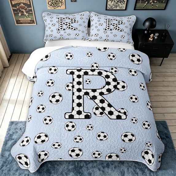 meiyoeat Cartoon Honeycomb R Letter Twin Quilt Set for Boys, Cute Football Lover Twin Coverlet Set, 2pcs, 1 Comforter and 1 Pillowcase