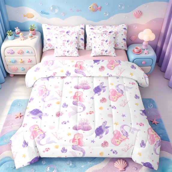 meiyoeat Cartoon Mermaid Print 7-Piece Twin Bedding For Girls,Magic Ocean Animals Bedding Comforter Set,Pink Reversible