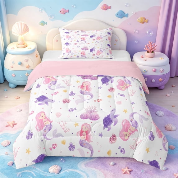 meiyoeat Cartoon Mermaid Print Twin Comforter Sets For Girls,Magic Ocean Animals Bedding Set,Pink Reversible,2pcs,1 Comforter and 1 Pillowcase