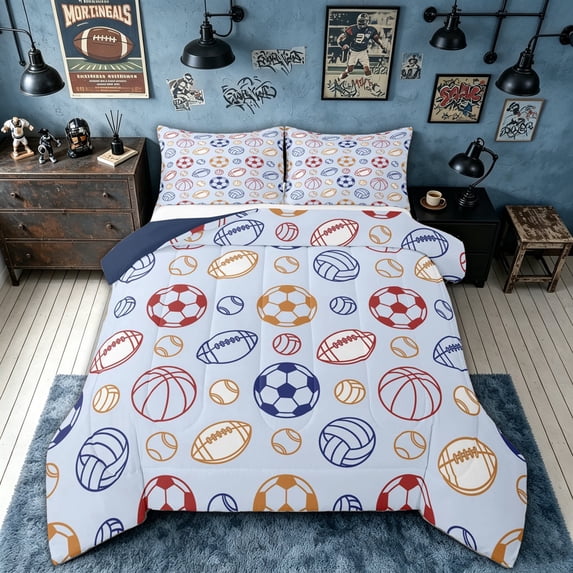 meiyoeat Cartoon Multisport Print Full Size Comforter Sets for Boys, Cartoon Blue Ball Theme Bedding Comforter Set, Blue Reversible, 3pcs, 1 Comforter and 2 Pillowcases
