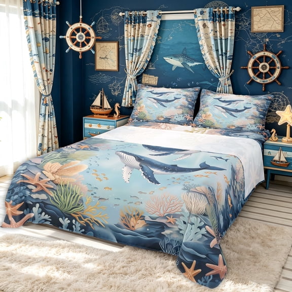 meiyoeat Cartoon Ocean Whale Bed Sheets, Undersea Marine Starfish Animal Full Size Sheets, Blue, Blue Reversible, 1 Flat Sheet, 1 Fitted Sheet and 2 Pillowcases