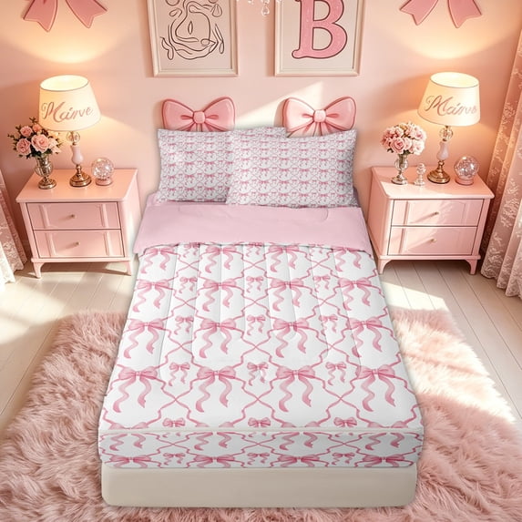 meiyoeat Cartoon Pink Bow Zipper Full Size Comforter Sets with Fitted Sheet and 2 Pillowcases for Kids Girls, Cartoon Butterfly Ribbon Zipper Bedding Set, Pink ReversibleG