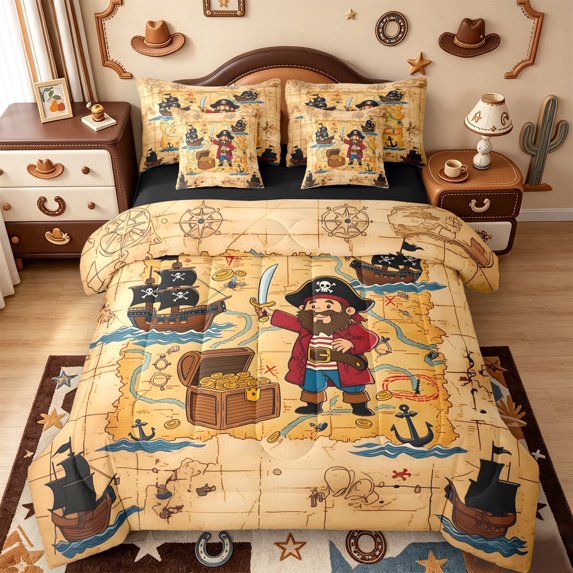 meiyoeat Cartoon Pirate Adventure 7-Piece Twin Bedding,Ship Treasure Chest Bedding Comforter Set For Boys,Beige Brown,Black Reversible