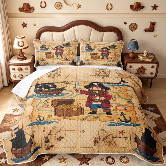 meiyoeat Cartoon Pirate Adventure Twin Quilt Set,Ship Treasure Chest Twin Coverlet Set For Boys,Beige Brown,2 Pieces,1 Bedspread and 1 Pillowcase
