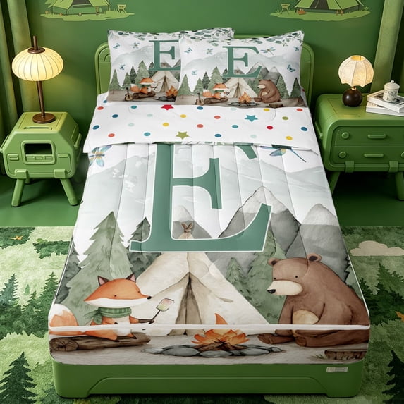 meiyoeat Cartoon Rv Country Style Zipper Twin Comforter Sets with Fitted Sheet and 2 Pillowcases For Boys,Rustic Letter E Print Zipper Bedding Set,Polkadot Reversible,4 Pieces