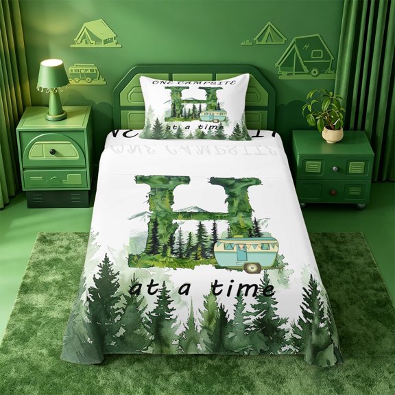 meiyoeat Cartoon Rv Rustic Country Style Twin Sheets For Boys,Monogram Letter Print Bedding,3pcs,1 Fitted Sheet and 1 Pillowcase