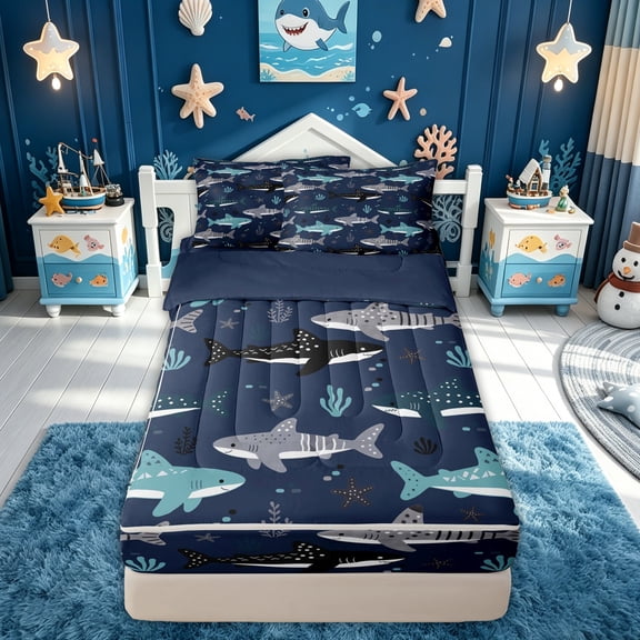 meiyoeat Cartoon Shark Whale Shark Ocean Zipper Comforter Set with Fitted Sheet and 2 Pillowcases for Boys Girls, Starfish Sea Marine Zipper Bedding Set, Navy, Blue Reversible, 3-Piece