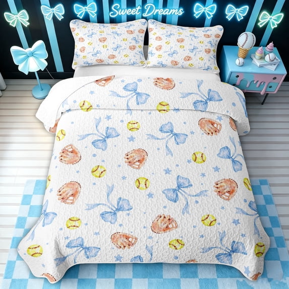 meiyoeat Cartoon Softball Glove Quilt King for Girls, Kawaii Blue Bow Stars King Coverlet Set, 3 Pieces, 1 Comforter and 2 Pillowcases