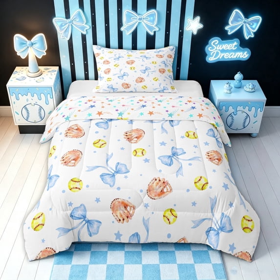 meiyoeat Cartoon Softball Glove Twin Comforter Sets for Girls, Kawaii Blue Bow Stars Bedding Set, Star Reversible, 2 Pieces, 1 Comforter and 1 Pillowcase