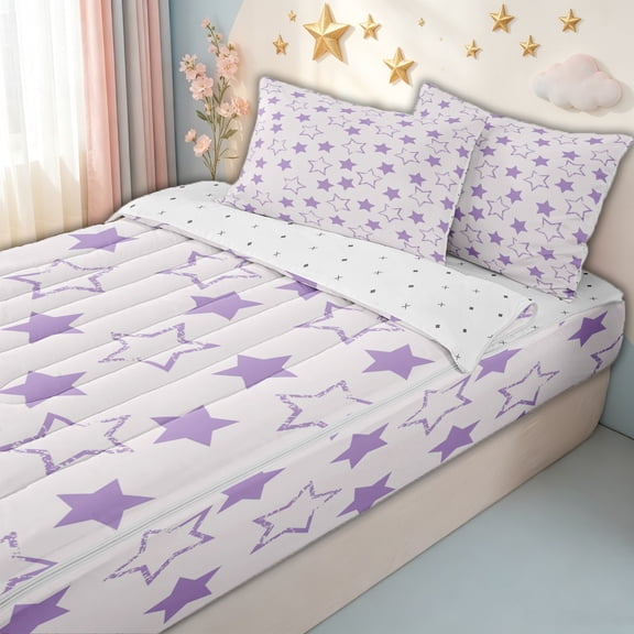 meiyoeat Cartoon Stars Zipper Twin Comforter Sets with Fitted Sheet and 2 Pillowcases for Kids Girls, Dreamy Galaxy Zipper Bedding Set for Bedroom, Purple White, ReversibleG