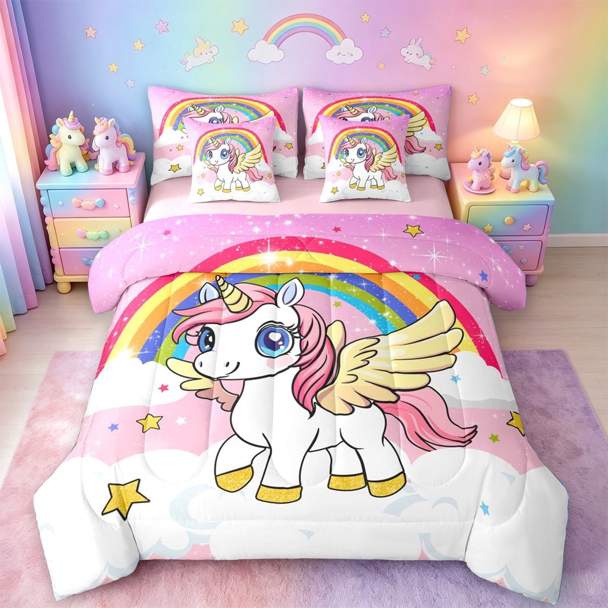 meiyoeat Cartoon Unicorn Pattern 7 Pieces Full Size Bedding Sets For ...