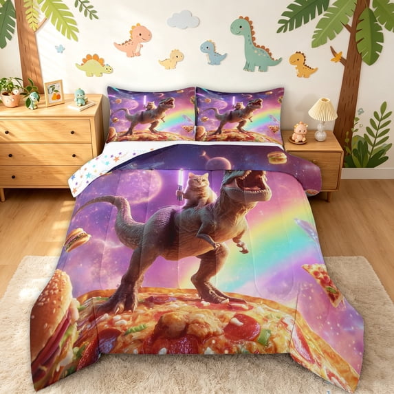 meiyoeat Cat Riding Dinosaur Full Size Comforter Sets for Boys Girls, Galaxy Space Rainbow Bedding Comforter Set, Purple, Star Reversible, 3pcs, 1 Comforter and 2 Pillowcases