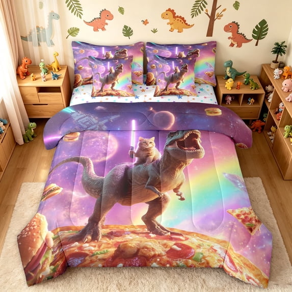 meiyoeat Cat Riding Dinosaur Twin Bedding for Boys Girls, Galaxy Space Rainbow Bedding Comforter Set, Purple, Star Reversible, 7pcs