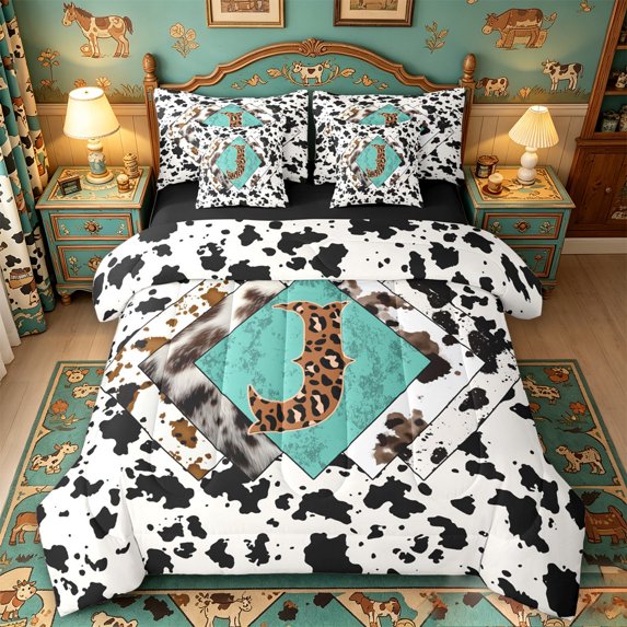 meiyoeat Cattle Pattern Monogram J 7-Piece Twin Bedding For Boys,Rustic Leopard Print Bedding Comforter Set,Black Reversible