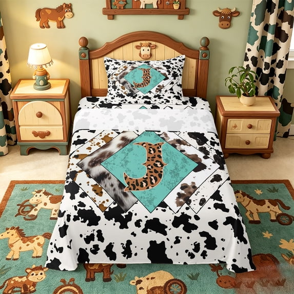 meiyoeat Cattle Pattern Monogram J Twin Sheets For Boys,Rustic Leopard Print Bedding,3 Pieces,1 Fitted Sheet and 1 Pillowcase