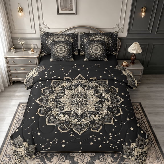 meiyoeat Celestial Mandala 7-Piece King Bedding For Men Women,Star Constellation King Bed in a Bag,Black Gold,Black Reversible