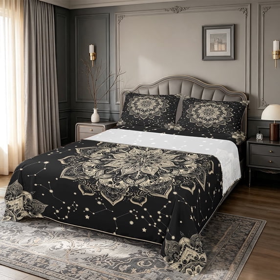 meiyoeat Celestial Mandala Queen Sheets For Men Women,Star Constellation Queen Sheet Sets,Black Gold,4pcs1 Flat Sheet, 1 Fitted Sheet and 2 Pillowcases