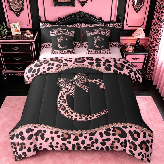 meiyoeat Cheetah Pattern Monogrammed C 7 Pieces King Bedding For Kids,Pink Leopard Print Bow King Bed In A Bag For Girls,Pink Reversible
