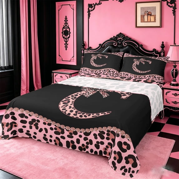 meiyoeat Cheetah Pattern Monogrammed C King Sheets For Kids,Pink Leopard Print Bow Bedding For Girls,4-Piece