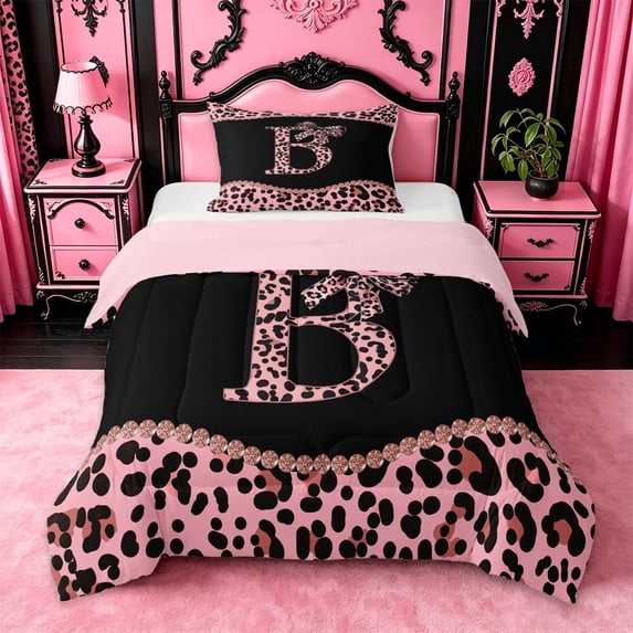 meiyoeat Cheetah Print Bowknot Twin Comforter Sets For Girls,Pink Leopard Initial B Bedding Set For Kids,pink Reversible,2 Pieces