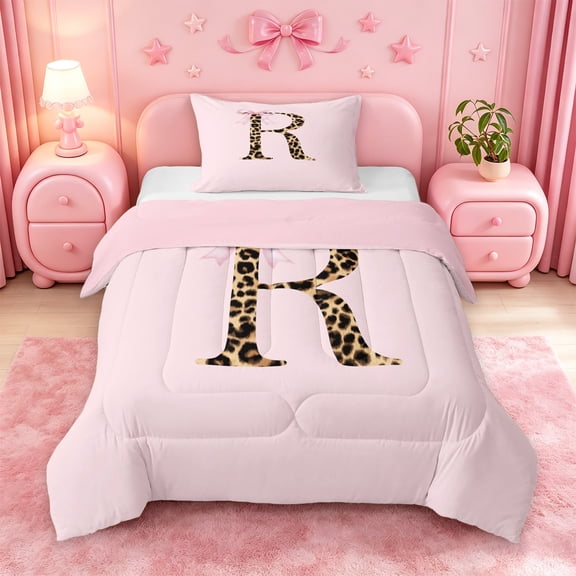 meiyoeat Cheetah Print Initial R Twin Comforter Sets,Girly Bow Personalized Monogram Art Bedding Set For Girl,Pink Reversible,2-Piece,1 Comforter and 1 Pillowcase