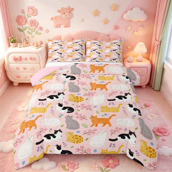 meiyoeat Cherry Blossom Cat Full Size Comforter Sets,Cute Kitten Pattern Bedding Comforter Set,Pink Reversible,3 Pieces,1 Comforter and 2 Pillowcases