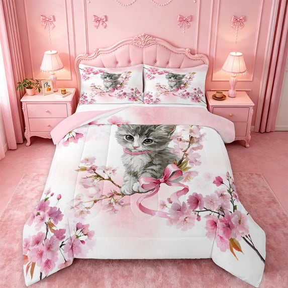 meiyoeat Cherry Blossom Kitten Theme Queen Comforter Set,Gray Cute Cat Print Comforter Sets Queen For Girl,Reversible,3Pcs,1 Comforter And 2 Pillowcases