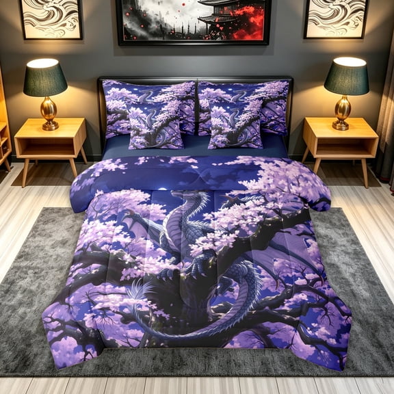 meiyoeat Cherry Blossom Moon Dragon Twin Bedding for Men Women Kids, Japanese Style Wildlife Bedding Comforter Set, Purple Blue, Blue Reversible, 7 Pieces