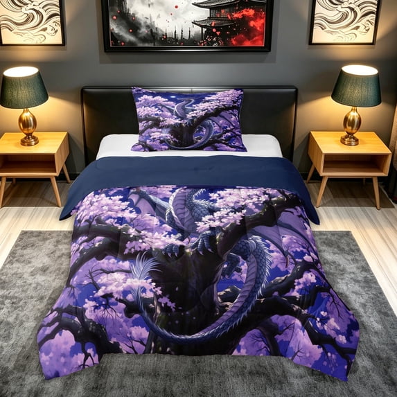 meiyoeat Cherry Blossom Moon Dragon Twin Comforter Sets for Men Women Kids, Japanese Style Wildlife Bedding Set, Purple Blue, Blue Reversible, 2 Pieces, 1 Comforter and 1 Pillowcase