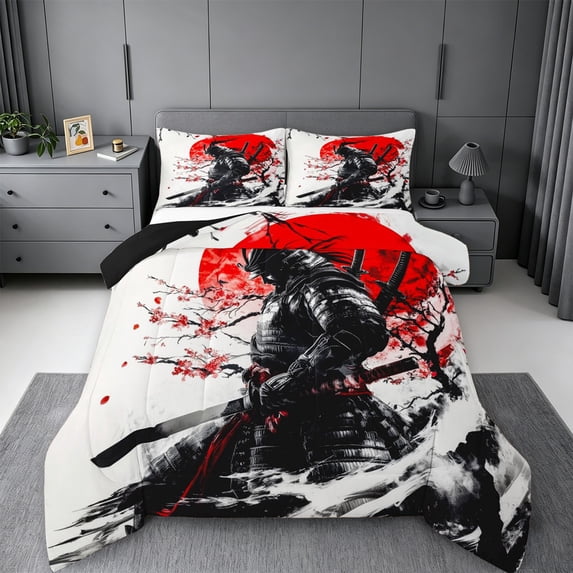 meiyoeat Cherry Blossom Queen Comforter Set For Kids,Japanese Samurai Ink Design Comforter Sets Queen,Black Reversible,3-Piece