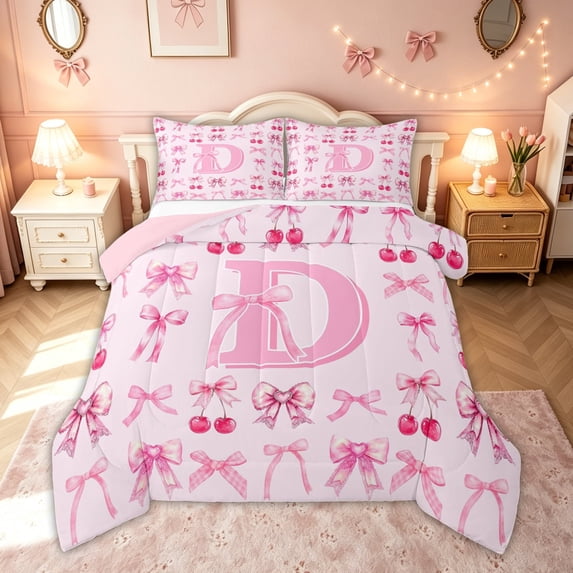 meiyoeat Cherry Bow Letter D Full Size Comforter Sets for Girls, Fruit Ribbon Bedding Comforter Set for Bedroom, Hot Pink, Pink Reversible, 3 Pieces, 1 Comforter and 2 Pillowcases