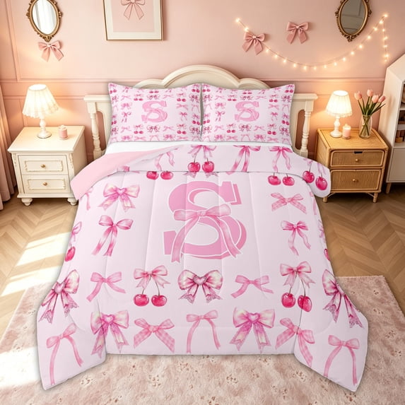 meiyoeat Cherry Bow Letter S Queen Comforter Set for Girls, Fruit Ribbon Comforter Sets Queen, Hot Pink, Pink Reversible, 3 Pieces, 1 Comforter and 2 Pillowcases