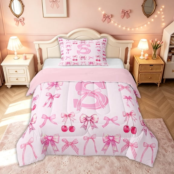 meiyoeat Cherry Bow Letter S Twin Comforter Sets for Girls, Fruit Ribbon Bedding Set for Kids, Hot Pink, Pink Reversible, 2 Pieces, 1 Comforter and 1 Pillowcase