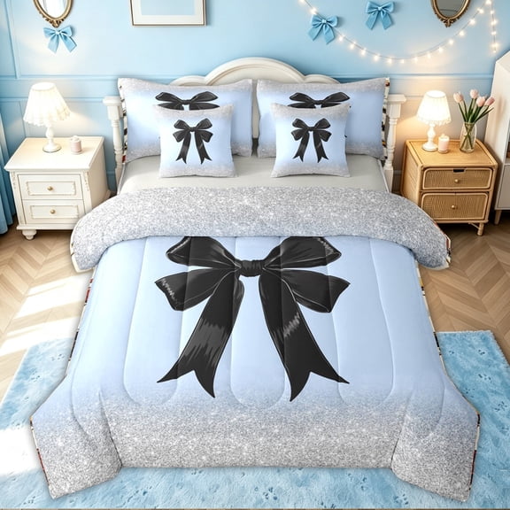 meiyoeat Chic Bow Full Size Bedding Sets for Kids Girls, Glitter Gradient Full Size Bed in a Bag for Bedroom, Blue Black, Grey Reversible, 7pcs