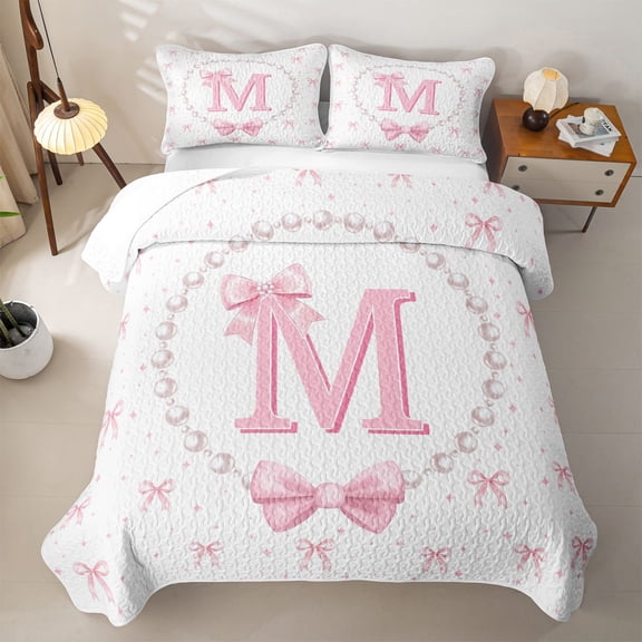 meiyoeat Chic Bow Tie Quilt Full For Bowknot Girls,Pink Initial Letter M Full Bedspread Sets For Kids,3 Pieces