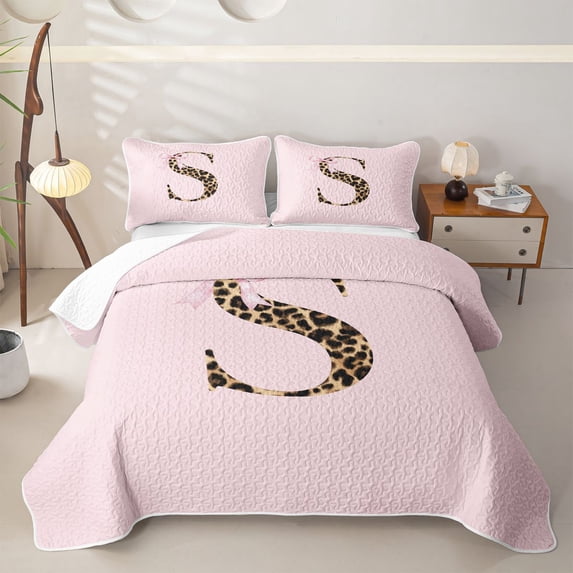 meiyoeat Chic Leopard Initial S Twin Quilt Set,Coquette Bow Print Monogram Design Twin Coverlet Set For Girl,2pcs