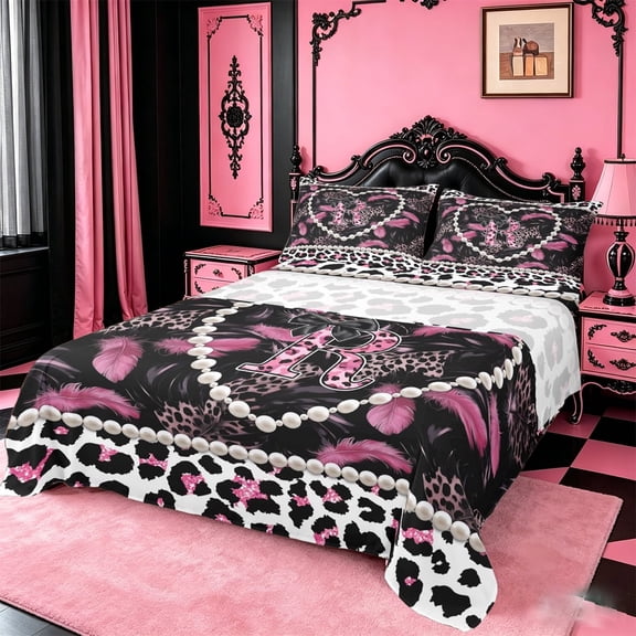 meiyoeat Chic Leopard Pattern Full Size Sheets For Cheetah Lovers,Pink Initial Letter R Bed Sheets For Kids Girls,4 Pieces