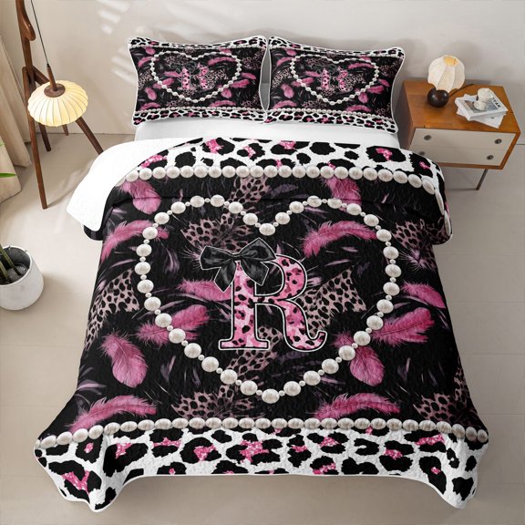 meiyoeat Chic Leopard Pattern Quilt Full For Cheetah Lovers,Pink Initial Letter R Full Bedspread Sets For Kids Girls,3 Pieces