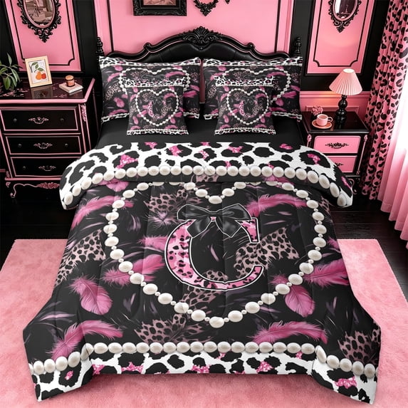 meiyoeat Chic Pearl Loves 7 Pieces Bedding Comforter Set For Girls,Black Bow Alphabet Print C Full Bedding Set For Kids,black Reversible