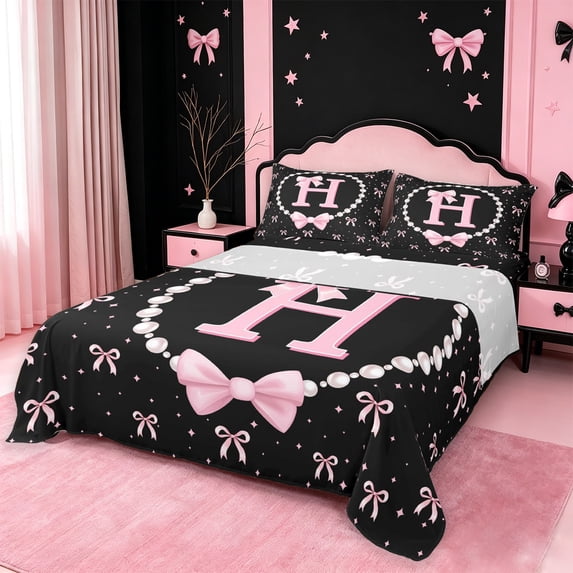 meiyoeat Chic Pearl Necklace Print King Sheets For Kids,Pink Coquette Bowknot Initial Letter H Bedding,4-Piece