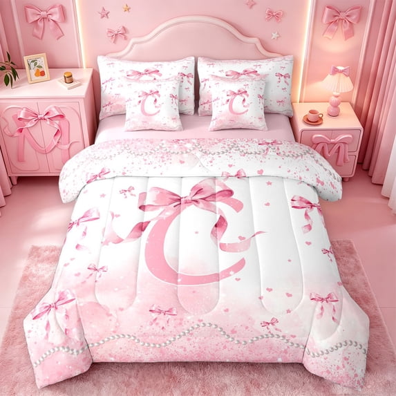 meiyoeat Chic Pearl Print 7Pcs Queen Bedding,Princess Bow Glitter Letter C Design Bedding Comforter Set Queen For Girl,Pink Reversible