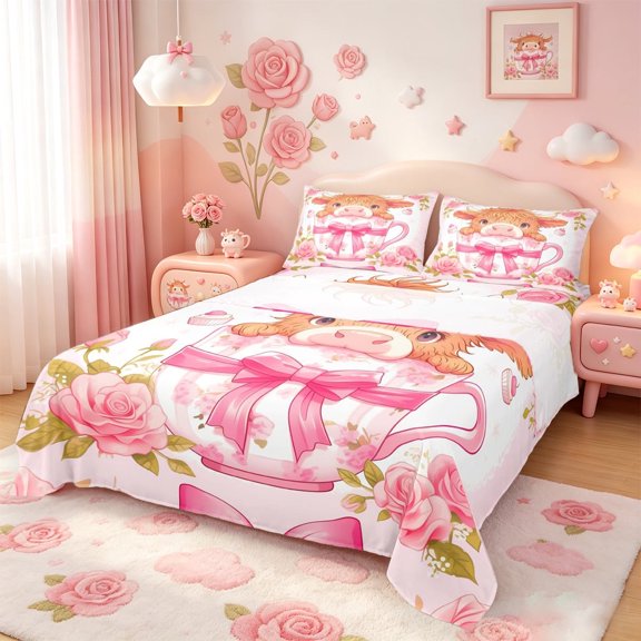 meiyoeat Ckawaii Highland Cattle Bed Sheets,Pink Bow Floral Blossom Full Size Sheets For Girls,4pcs1 Flat Sheet, 1 Fitted Sheet and 2 Pillowcases