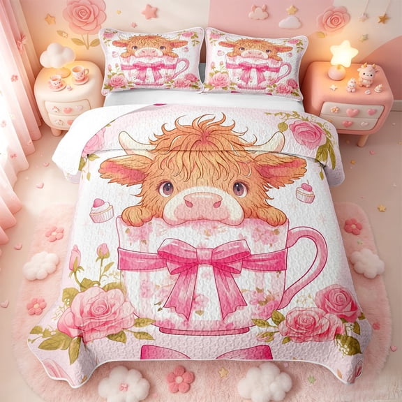 meiyoeat Ckawaii Highland Cattle Quilt Full,Pink Bow Floral Blossom Full Bedspread Sets For Girls,3pcs,1 Coverlet and 2 Pillowcases