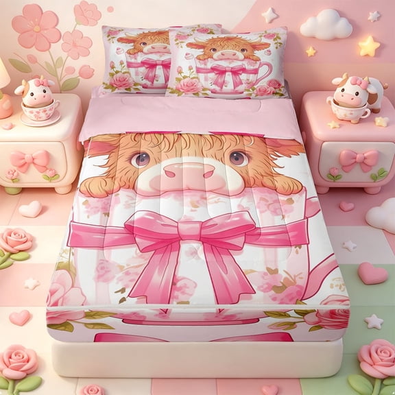 meiyoeat Ckawaii Highland Cattle Zipper Twin Comforter Sets with Fitted Sheet and 2 Pillowcases,Pink Bow Floral Blossom Zipper Bedding Set For Girls,Pink Reversible,4 Pieces