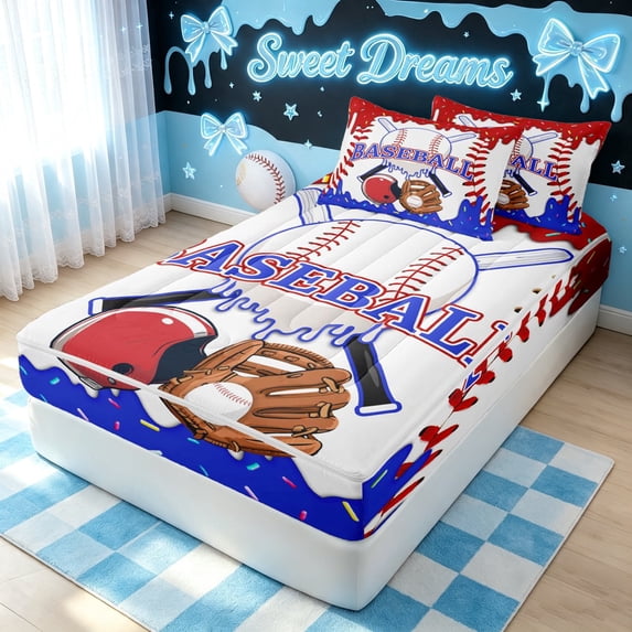meiyoeat Classic Baseball Gear Zipper Twin Comforter Sets with Fitted Sheet and 2 Pillowcases for Boys, Drip Sprinkle Zipper Bedding Set, Red Blue, Blue Reversible, 4 Pieces